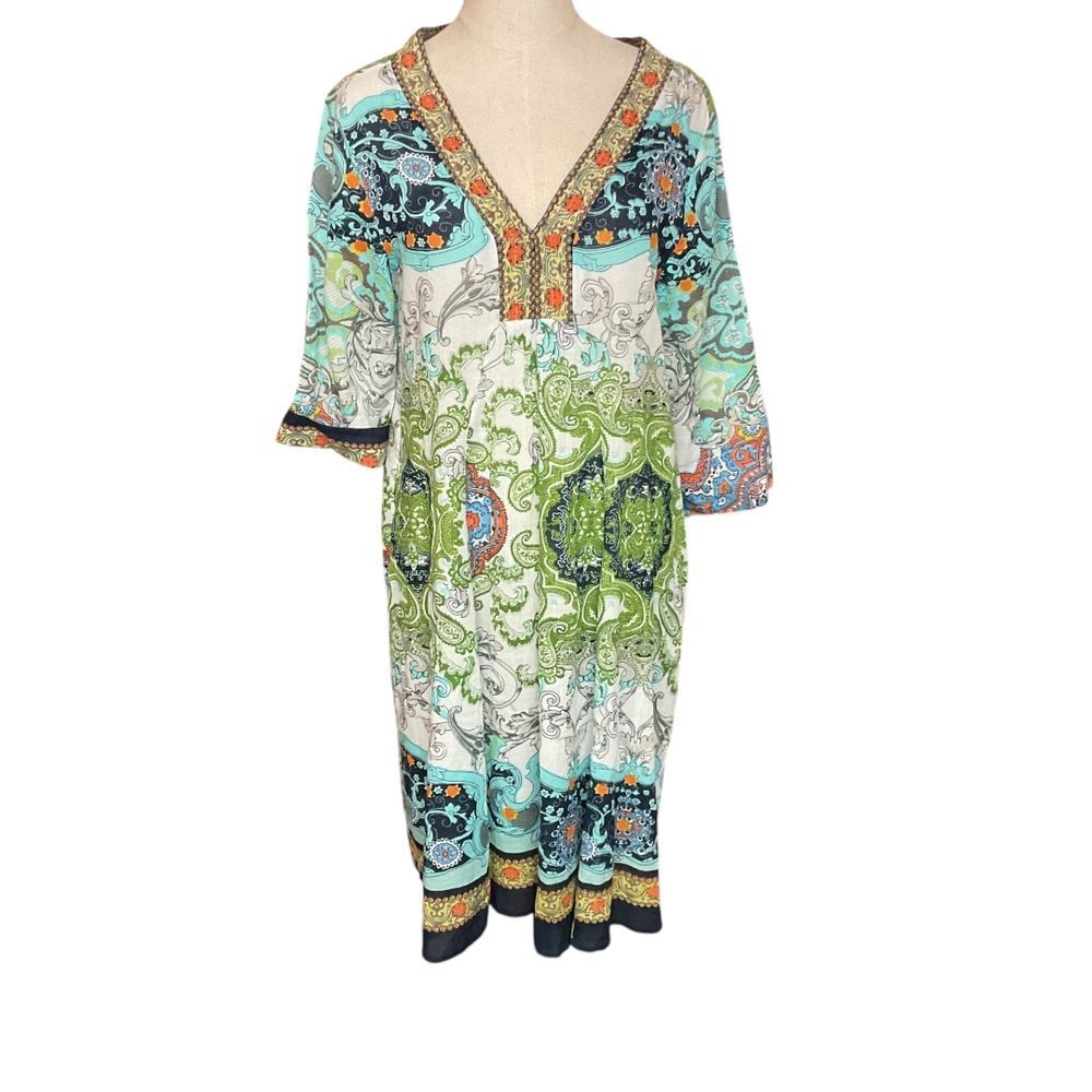 La Cera Women's Colorful Printed Boho Midi Dress V-Neck 3/4  Sleeve Summer Sheer